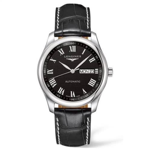 Longines Master Collection 38.5 Day Date Stainless Steel / Black-Roman / Alligator