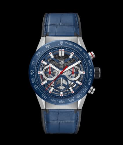TAG Heuer Carrera Calibre Heuer 02 45 Stainless Steel / Blue Ceramic / Skeleton / Alligator