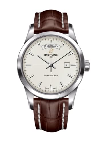 Breitling Transocean Day &amp; Date Stainless Steel / Silver / Croco / Pin