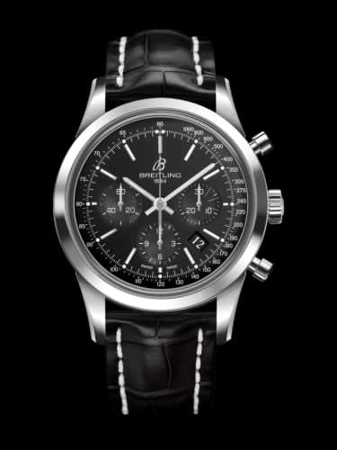 Breitling Transocean Chronograph Stainless Steel / Black / Croco / Folding