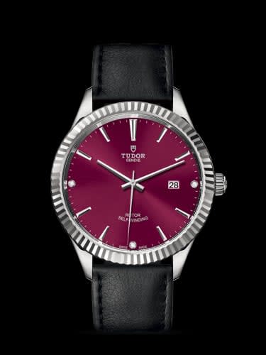 Tudor Style 41 Stainless Steel / Fluted / Burgundy-Diamond / Strap