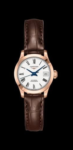 Longines Record 26mm Stainless Pink Gold / White-Roman / Alligator