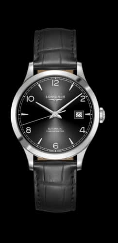 Longines Record 38.5mm Stainless Steel / Black-Arabic / Alligator