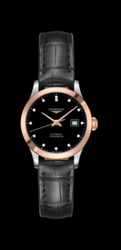 Longines Record 30mm Stainless Steel / Pink Gold / Black-Diamond / Alligator