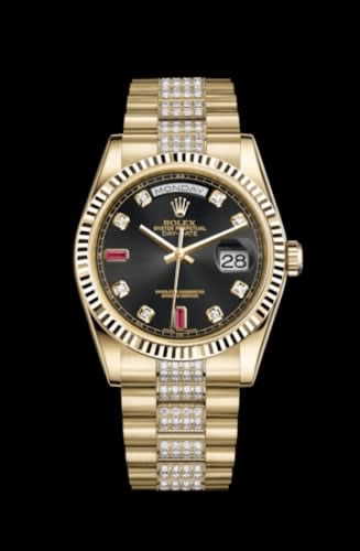 Rolex Day-Date 36 Yellow Gold Fluted / President Diamonds / Black Diamonds Rubies