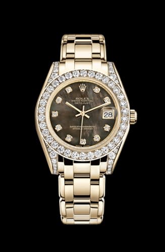 Rolex Datejust Pearlmaster 34 Yellow Gold Diamond Shoulders Black Mother of Pearl Diamonds