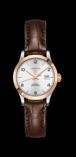 Longines Record 30mm Stainless Steel / Pink Gold / Silver-Arabic / Alligator