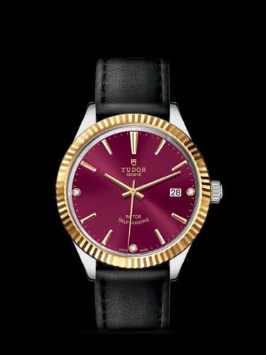 Tudor Style 38 Stainless Steel / Yellow Gold / Fluted / Burgundy-Diamond / Strap