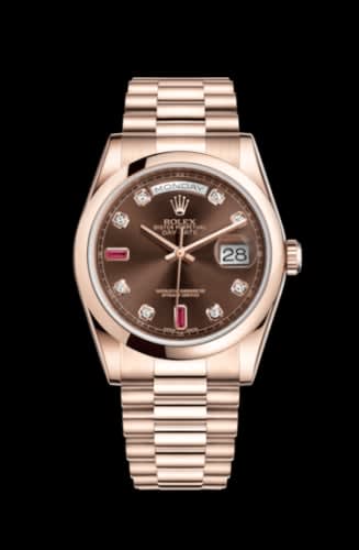 Rolex Day-Date 36 Everose Domed / President / Chocolate Diamonds Rubies