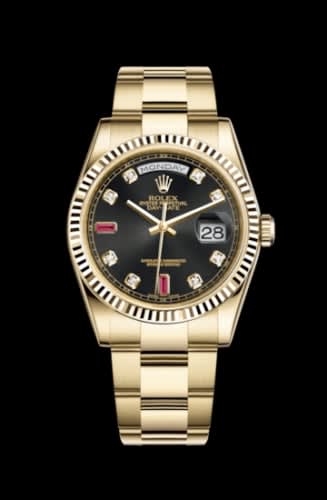 Rolex Day-Date 36 Yellow Gold Fluted / Oyster / Black Diamonds Rubies