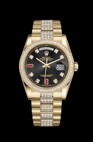 Rolex Day-Date 36 Yellow Gold Diamonds / President Diamonds / Black Diamonds Rubies