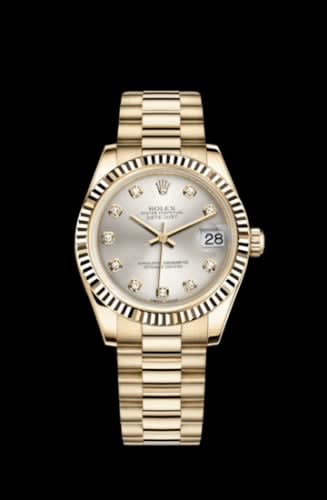 Rolex Datejust 31 Yellow Gold Fluted / President / Silver Diamond