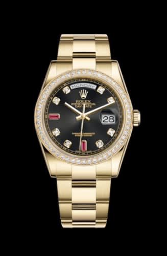 Rolex Day-Date 36 Yellow Gold Diamonds / Oyster / Black Diamonds Rubies