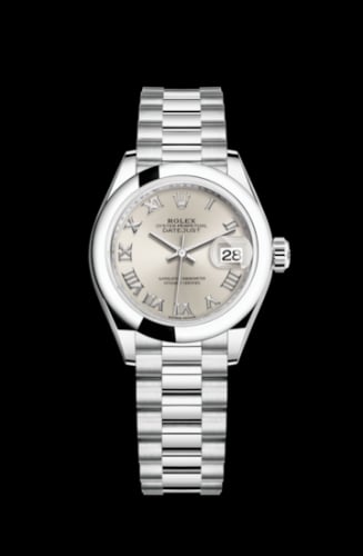 Rolex Lady-Datejust 28 Platinum Domed / President / Silver Roman