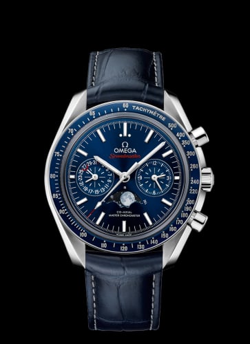Omega Speedmaster Moonphase Chronograph Master Chronometer Stainless Steel / Blue / Alligator