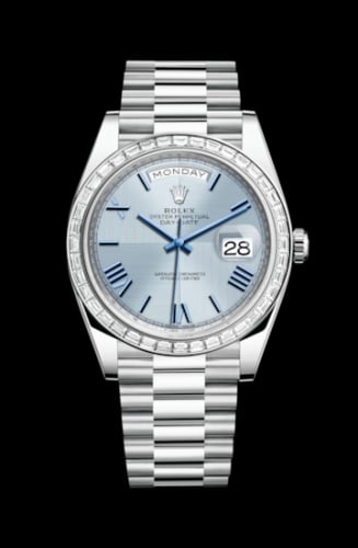 Rolex Day-Date 40 Platinum - Baguette / Ice Blue Quadrant