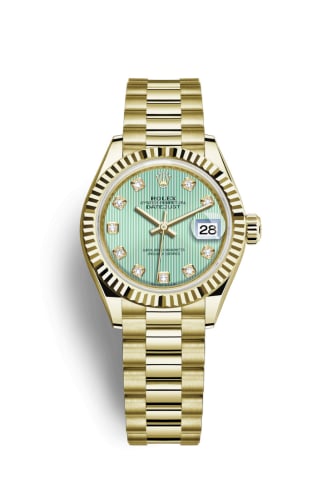 Rolex Lady-Datejust 28 Yellow Gold Fluted / President / Green Diamond