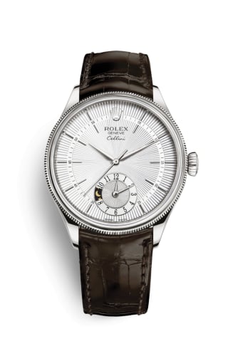 Rolex Cellini Dual Time White Gold / Silver / Alligator Brown