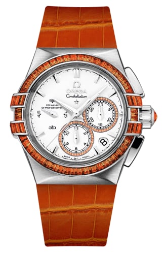 Omega Constellation Co-Axial 35 Chronograph Double Eagle White Gold / Silver / Orange Alligator