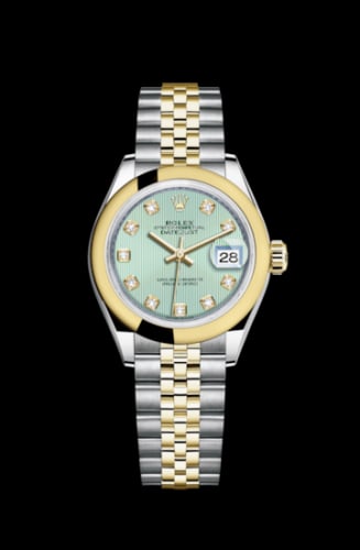 Rolex Lady-Datejust 28 Rolesor Yellow Domed / Jubilee / Mint Green Tuxedo