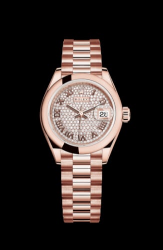 Rolex Lady-Datejust 28 Everose Domed / President / Paved Roman