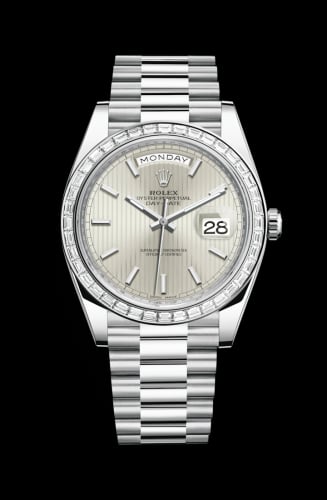 Rolex Day-Date 40 Platinum - Baguette / Silver Tuxedo