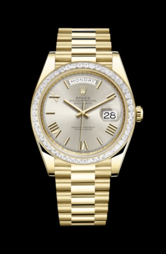 Rolex Day-Date 40 Yellow Gold - Baguette / Silver - Roman