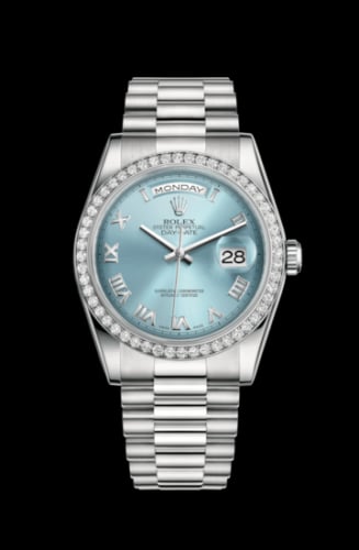 Rolex Day-Date 36 Platinum Diamonds / President / Ice Blue Roman
