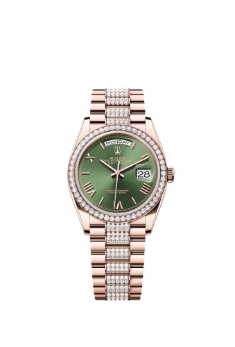 Rolex Day-Date 36 Everose Gold - Diamond / Green - Roman / President - Diamond