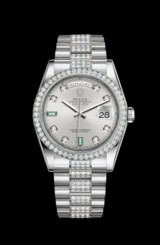 Rolex Day-Date 36 Platinum Diamonds / President Diamonds / Silver Diamond Emerald