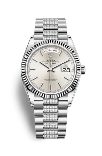 Rolex Day-Date 36 White Gold / Fluted / Silver / President-Diamond