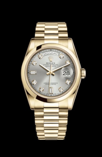 Rolex Day-Date 36 Yellow Gold Domed / President / Silver Diamonds
