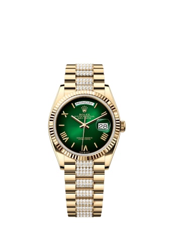Rolex Day-Date 36 Yellow Gold / Fluted / Green Ombré - Roman / President - Diamond