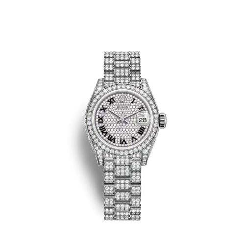 Rolex Lady-Datejust 28 White Gold / Diamond / Paved - Roman / President