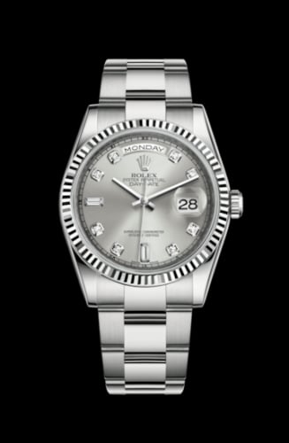 Rolex Day-Date 36 White Gold Fluted / Oyster / Silver Diamonds