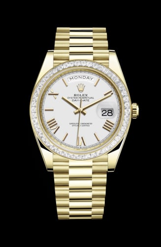 Rolex Day-Date 40 Yellow Gold / Baguette / White - Roman