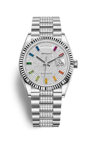 Rolex Day-Date 36 White Gold / Fluted / Paved-Rainbow / President-Diamond