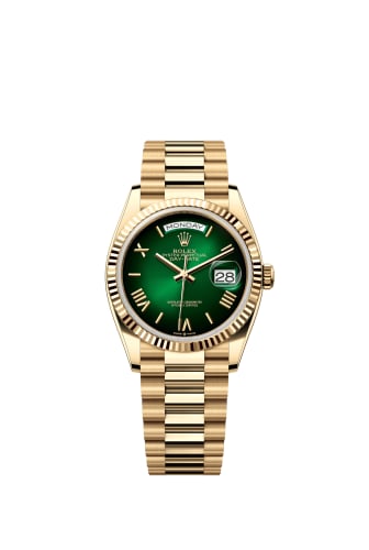 Rolex Day-Date 36 Yellow Gold - Fluted / Green Ombré - Roman / President