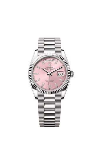 Rolex Day-Date 36 White Gold - Fluted / Pink - Baguette / President