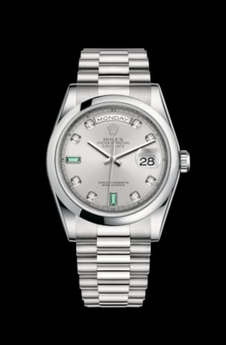 Rolex Day-Date 36 Platinum Domed / President / Silver Diamond Emerald