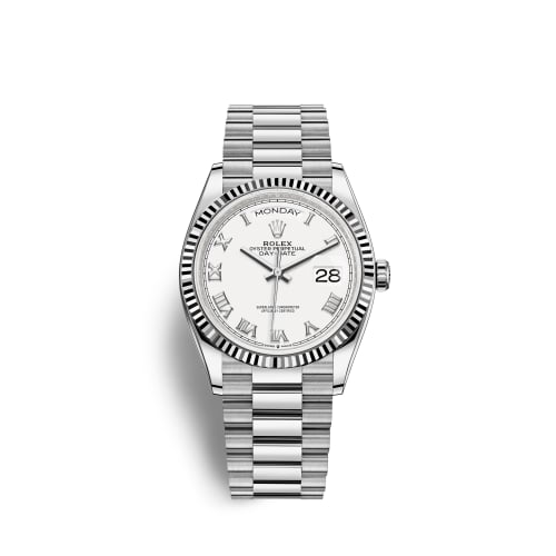 Rolex Day-Date 36 White Gold Fluted / White - Roman / President