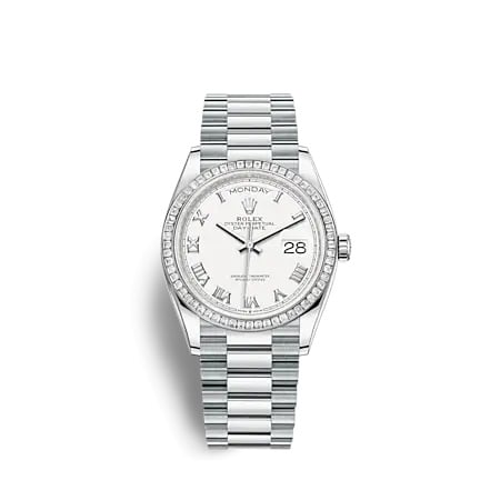 Rolex Day-Date 36 Platinum - Baguette / White - Roman / President