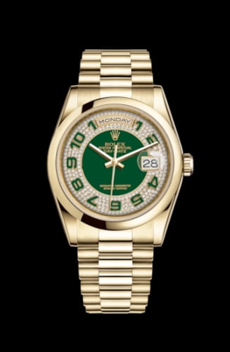 Rolex Day-Date 36 Yellow Gold Domed / President/ Green Paved