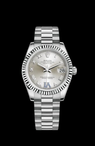 Rolex Datejust 31 White Gold Fluted / President / Silver Roman