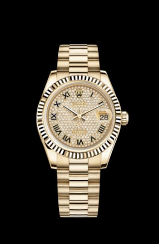 Rolex Datejust 31 Yellow Gold Fluted / President / Paved Roman