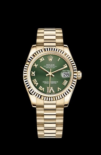 Rolex Datejust 31 Yellow Gold Fluted / President / Olive Roman