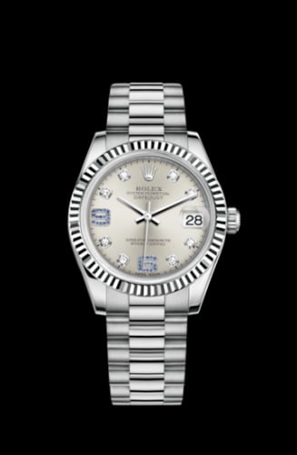 Rolex Datejust 31 White Gold Fluted / President / Silver Diamonds &amp; Sapphires