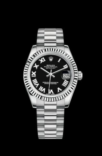 Rolex Datejust 31 White Gold Fluted / President / Black Roman
