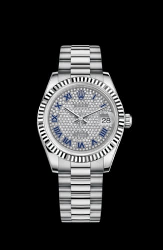 Rolex Datejust 31 White Gold Fluted / President / Paved Roman