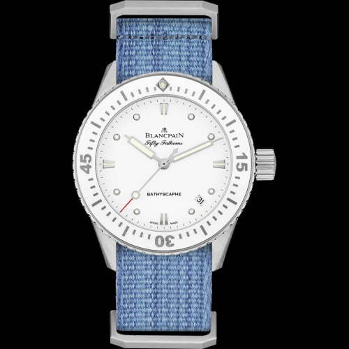 Blancpain Fifty Fathoms Bathyscaphe Stainless Steel / White / Jeans Nato